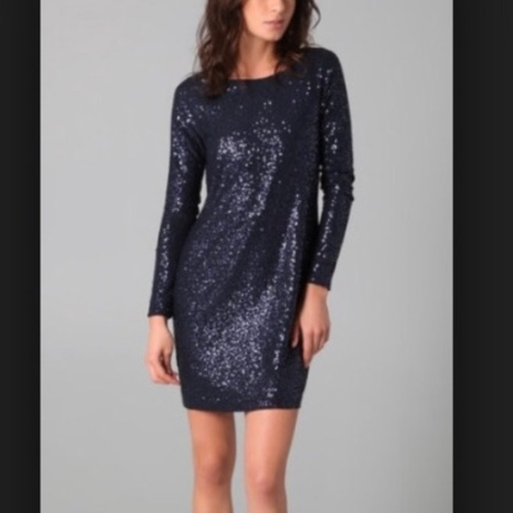Tibi Zeppelin Sequin Shift Dress Navy 3/4 Sleeves Open Back Size Medium